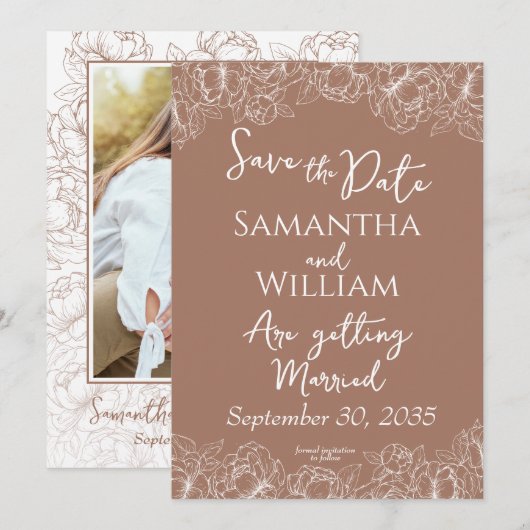 Boho Mocha Mousse Floral Modernes Foto Hochzeit Save The Date (Vorne/Hinten)