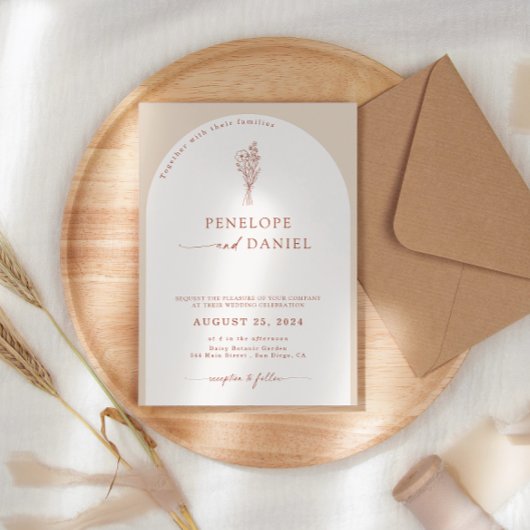 Boho Modern Beige Terracotta Script Wedding Arch Einladung