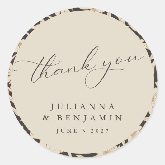 Boho Modern Botanical Black Ivory Wedding Custom Runder Aufkleber (Vorderseite)