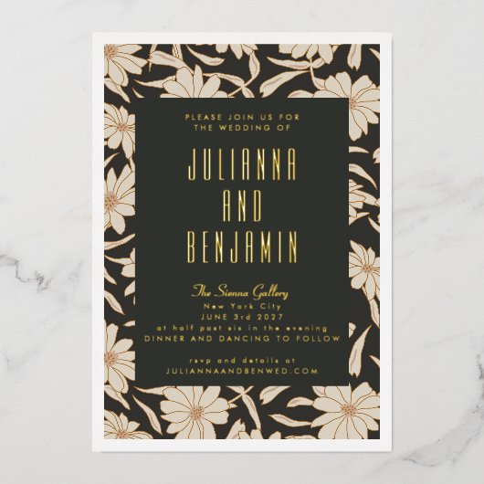 Boho Modern Botanical Black Ivory Wedding Gold Folieneinladung (Vorderseite)
