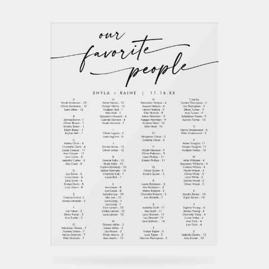 Boho Modern Clear Acrylic Wedding Seating Chart Acrylschild (Vorderseite)