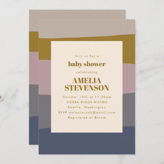 Boho Modern Dusty Mauve Blue Stripe Baby Dusche Einladung (Vorne/Hinten)