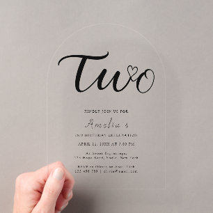 Boho Modern Heart Black Schrift 2. Geburtstag Acryleinladungen