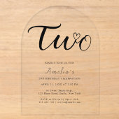 Boho Modern Heart Black Schrift 2. Geburtstag Acryleinladungen (Vorderseite)