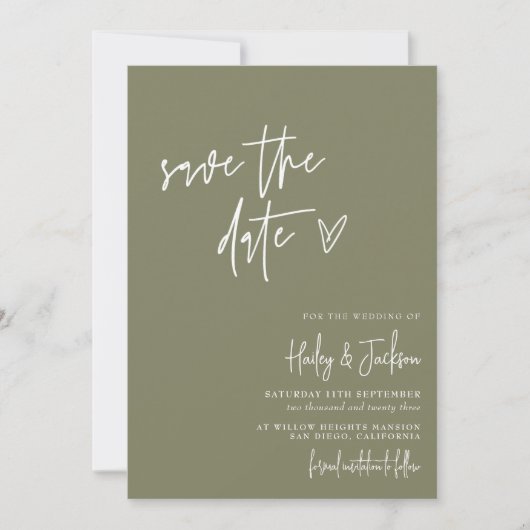Boho Modern Minimalistisch Green Save the Date Car Einladung (Vorderseite)