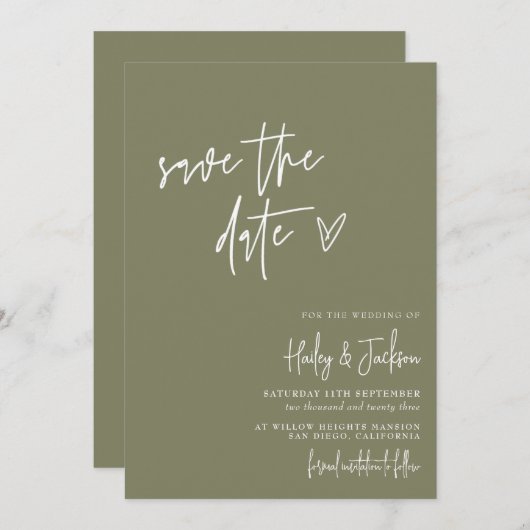 Boho Modern Minimalistisch Green Save the Date Car Einladung (Vorne/Hinten)