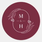 Boho Modern Monogram Elegant Burgundy Wedding Runder Aufkleber (Vorderseite)
