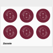 Boho Modern Monogram Elegant Burgundy Wedding Runder Aufkleber (Blatt)
