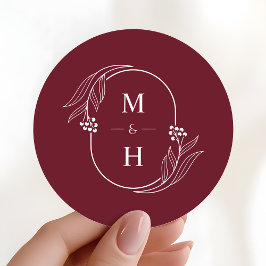 Boho Modern Monogram Elegant Burgundy Wedding Runder Aufkleber