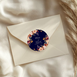 Boho Modern Navy Blue Burnt Orange Floral Wedding Runder Aufkleber