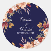 Boho Modern Navy Blue Burnt Orange Floral Wedding Runder Aufkleber (Vorderseite)