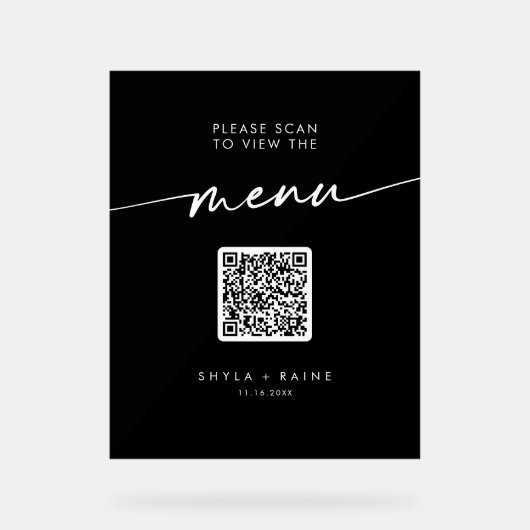 Boho Modern QR Code Black Wedding Menu Acrylschild (Vorderseite)