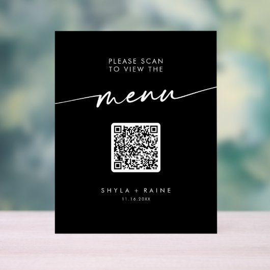 Boho Modern QR Code Black Wedding Menu Acrylschild (Neutral)