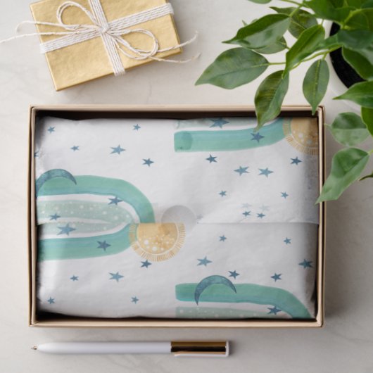 Boho Modern Rainbow Aquamarin Blue Sun Moon Stars  Seidenpapier (Geschenk)
