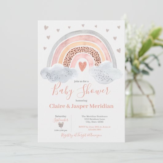 Boho Modern Rainbow Baby Shower Einladung (Stehend Vorderseite)