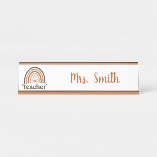 Boho Modern Rainbow Teacher Apple Schreibtischnamensplakette (Vorderseite )