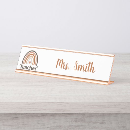 Boho Modern Rainbow Teacher Apple Schreibtischnamensplakette (Vorderseite )