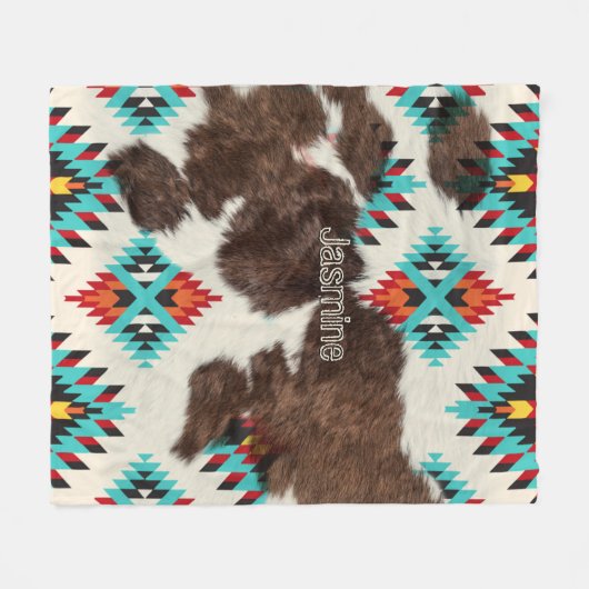 Boho Modern Rustic South Western Cowhide Name Fleecedecke (Vorderseite (Horizontal))