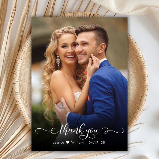 Boho Modern Script Foto Wedding Danke Card