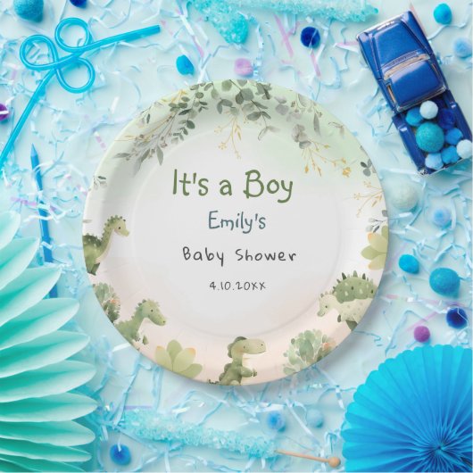 Boho Modern Watercolor Dinosaur Greenery Boy Pappteller (Party)