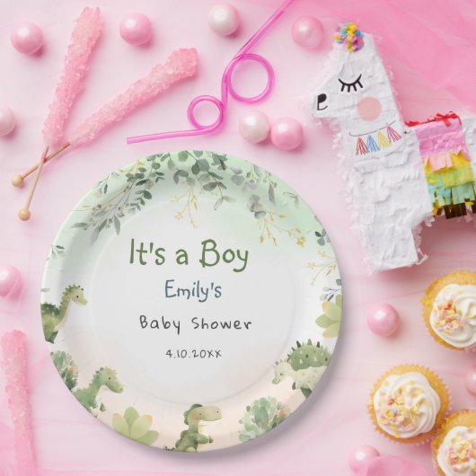Boho Modern Watercolor Dinosaur Greenery Boy Pappteller (Party)