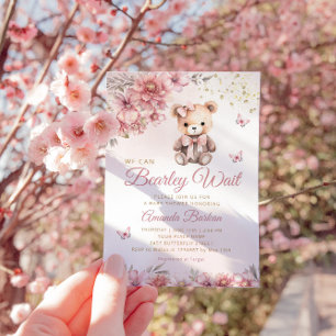 Boho Modern Watercolor Teddy Bear Girl Babydusche Einladung