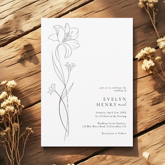 Boho Modern Wildflower Drawing Line Art Wedding Einladung