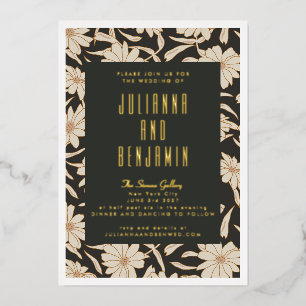 Boho Moderne Botanische Schwarz-Elfenbein-Hochzeit Folieneinladung