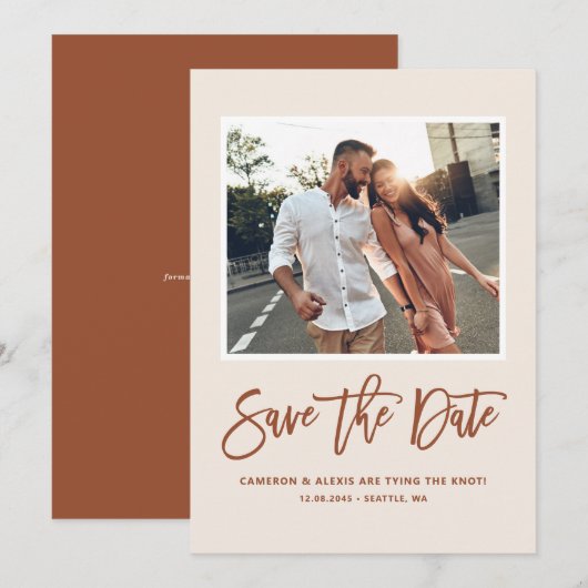 Boho Moderne Kalligrafie Terracotta Foto Save The Date (Vorne/Hinten)