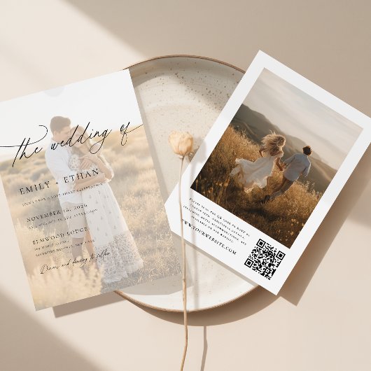 Boho Moderne Vellum-Overlay-Foto-QR-Code-Hochzeit Einladung