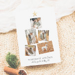 Boho Moderner Weihnachtsbaum 5 Foto Collage Urlaub Feiertagskarte<br><div class="desc">Eine moderne, einfache Urlaubskarte mit fünf Ihrer liebsten Fotos, die in Weihnachtsbaumform angeordnet sind. An der Spitze des Fotos befindet sich ein goldener Stern der Imitate. Dieses Gold ist nur ein gedrucktes Bild, aber eine echte Goldfolie-Version dieses Designs ist in unserem Shop erhältlich. Unter den Fotos, gibt es einen Gruß...</div>