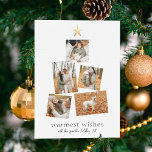 Boho Moderner Weihnachtsbaum 5 Foto Collage Urlaub Feiertagskarte<br><div class="desc">Eine moderne, einfache Urlaubskarte mit fünf Ihrer liebsten Fotos, die in Weihnachtsbaumform angeordnet sind. An der Spitze des Fotos befindet sich ein goldener Stern der Imitate. Dieses Gold ist nur ein gedrucktes Bild, aber eine echte Goldfolie-Version dieses Designs ist in unserem Shop erhältlich. Unter den Fotos, gibt es einen Gruß...</div>