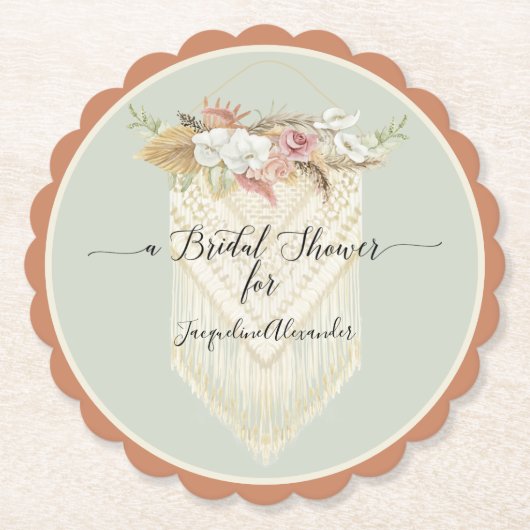 BOHO Modernes Blumengrün Macrame Brautparty Untersetzer (Vorderseite)