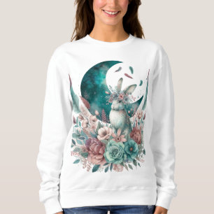 Boho-Mond-Blumen-Blau und Mauve-Hasen-Sweatshirt Sweatshirt