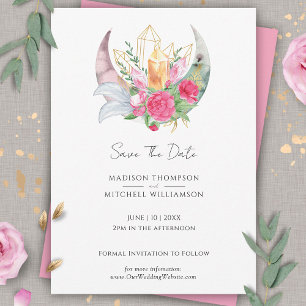 Boho Mond Kristalle Federn Rosa Blumen Hochzeit Save The Date