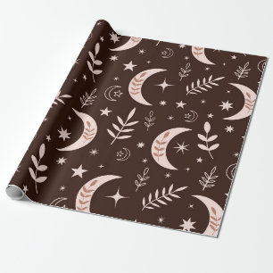 Boho-Mond mit Blättern und Sternen Braun Geschenkpapier
