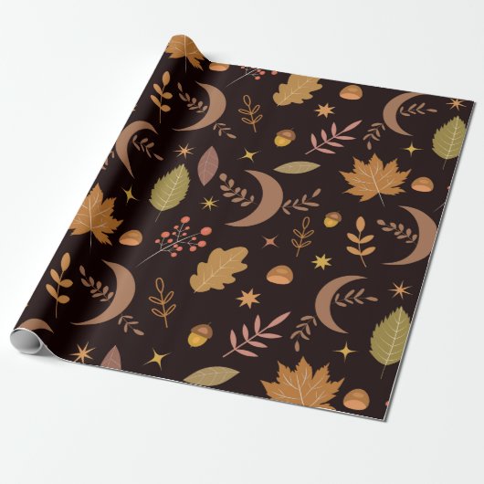 Boho-Mond mit Herbstlaub-Muster Geschenkpapier (Ungerollt)