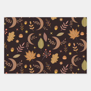 Boho-Mond mit Herbstlaub-Muster Geschenkpapier Set