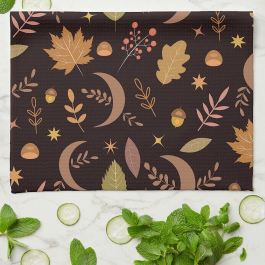 Boho-Mond mit Herbstlaub-Muster Geschirrtuch (Gefaltet)