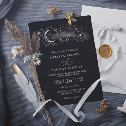 Boho Mond Sterne Himmel Schwarz QR Code Hochzeit Einladung
