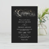Boho Mond Sterne Himmel Schwarz QR Code Hochzeit Einladung (Stehend Vorderseite)