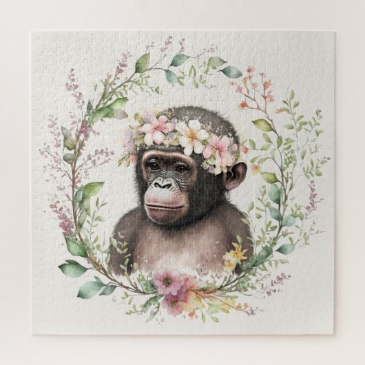 Boho Monkey in der Wildblume Wreath Square Puzzle (Vertikal)