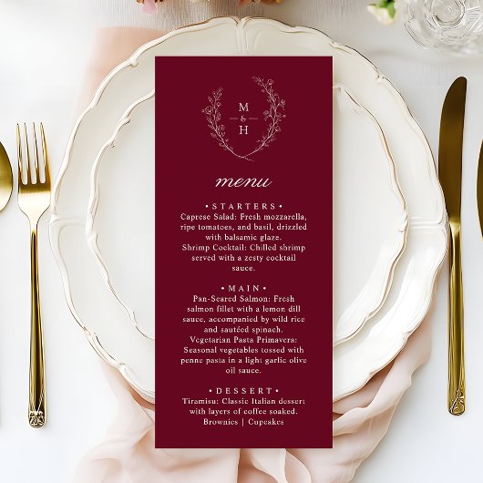 Boho Monogram Elegant Burgundy Wedding Dinner Menükarte