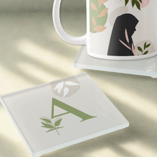 Boho Monogram Glass Coaster | Sage Green & Cream Glasuntersetzer