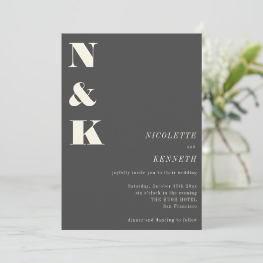 Boho Monogram Initials Charcoal Gray Photo Wedding Einladung (Stehend Vorderseite)
