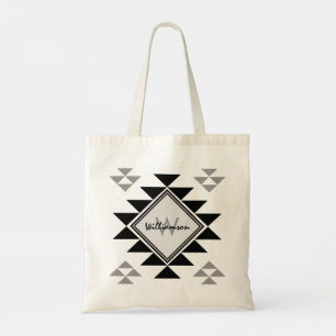 Boho Monogram Name Black Gray Geometric Tote Bag Tragetasche