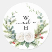 Boho Monogram Winter Greenery Gastgeschenk Hochzei Runder Aufkleber (Vorderseite)
