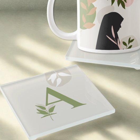 Boho-Monogramm-Glas-Untersetzer | Salbeigrün und C Glasuntersetzer