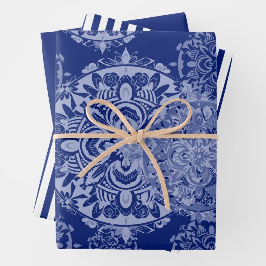 Boho Moody Blues Mandalas, Streifen und Solid Geschenkpapier Set (Beispiel)