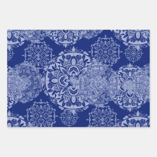 Boho Moody Blues Mandalas, Streifen und Solid Geschenkpapier Set (Vorderseite)
